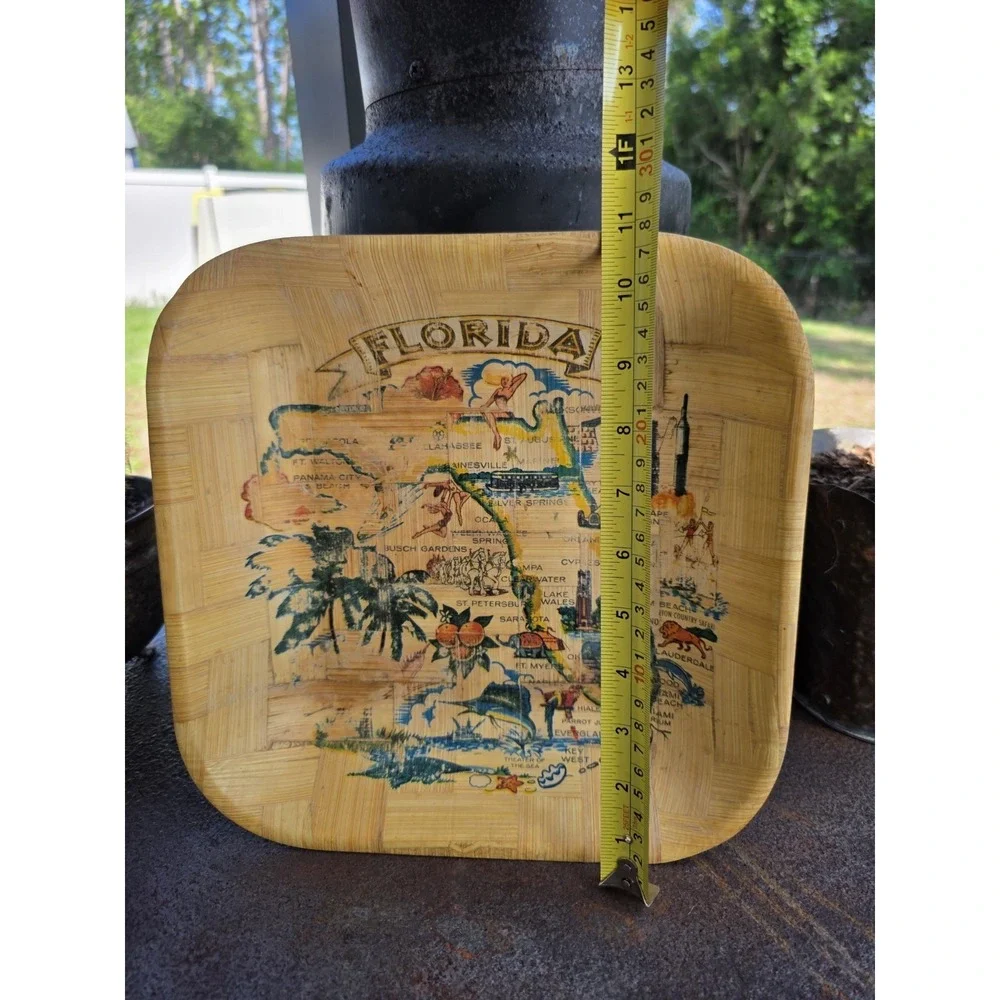 VTG Florida Souvenir Bamboo Tray 11x11 Map Palm‎ Trees Mid Century Tiki Decor